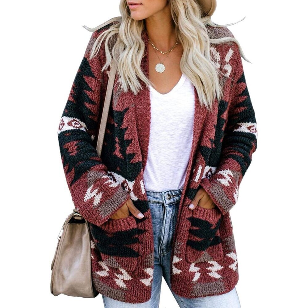Women Boho Open Front Long Sleeve Knit Cardigan Tribal Pattern Medium